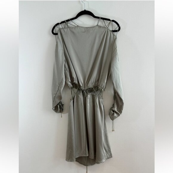Sabo Dusty Sage Green Satin Long Sleeve Cutout Mini Dress - Picture 3 of 9